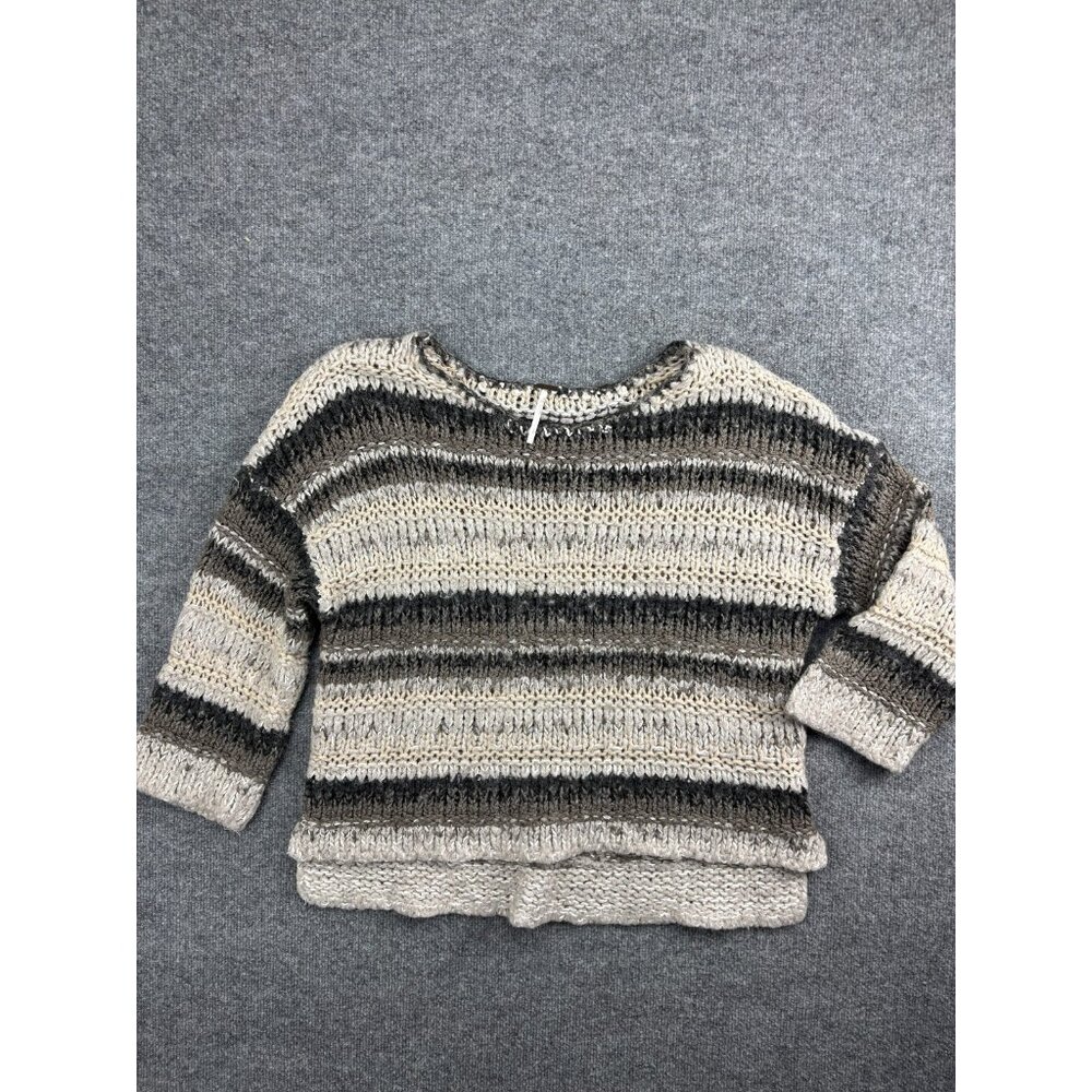 Free People Cream and Gray Striped Knit Scoop Neck Sweater